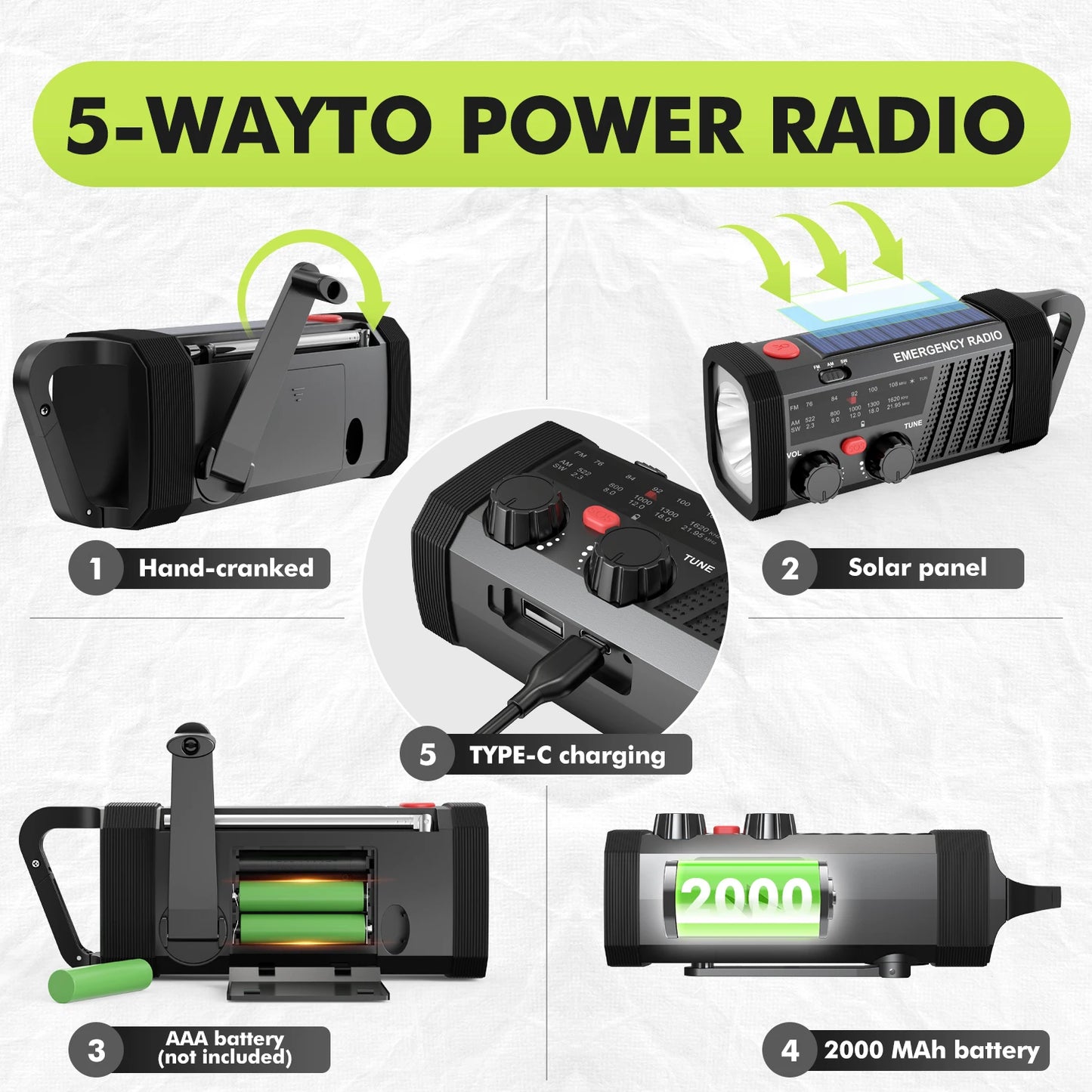 Emergency Radio with SOS Alarm & Flashlight for Survival