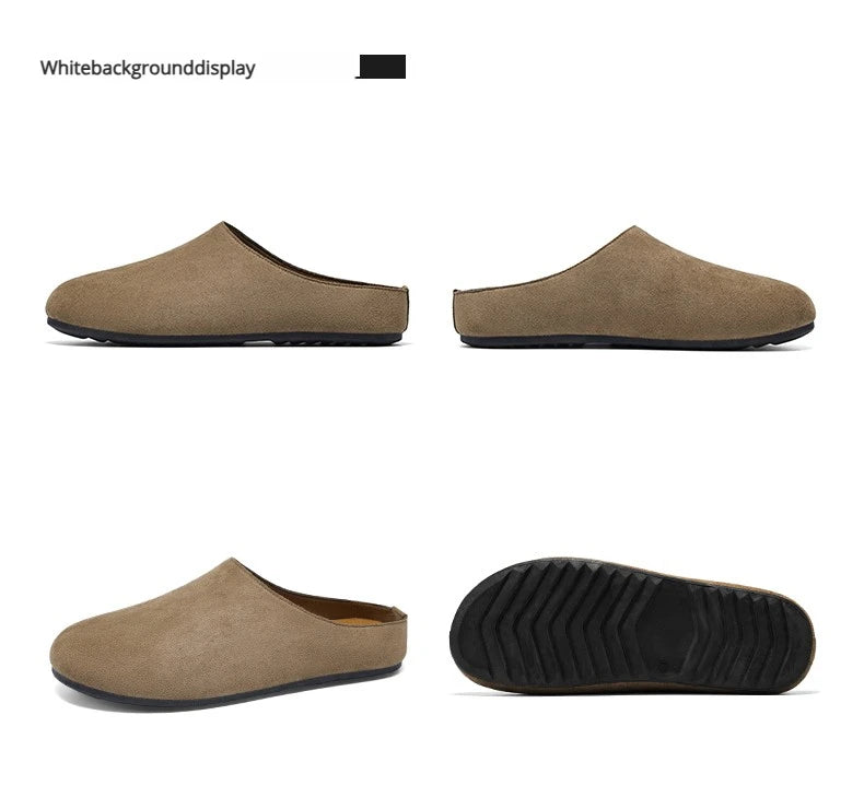 New Men's Slippers New Retro Solid Color Flat Bottom Women's Slingback Shoes Closed Toe Round Toe Suede Clogs Sandals Autumn