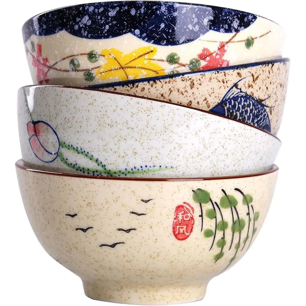 Creative Hand-Painted Floral Ceramic Soup & Rice Bowls Set