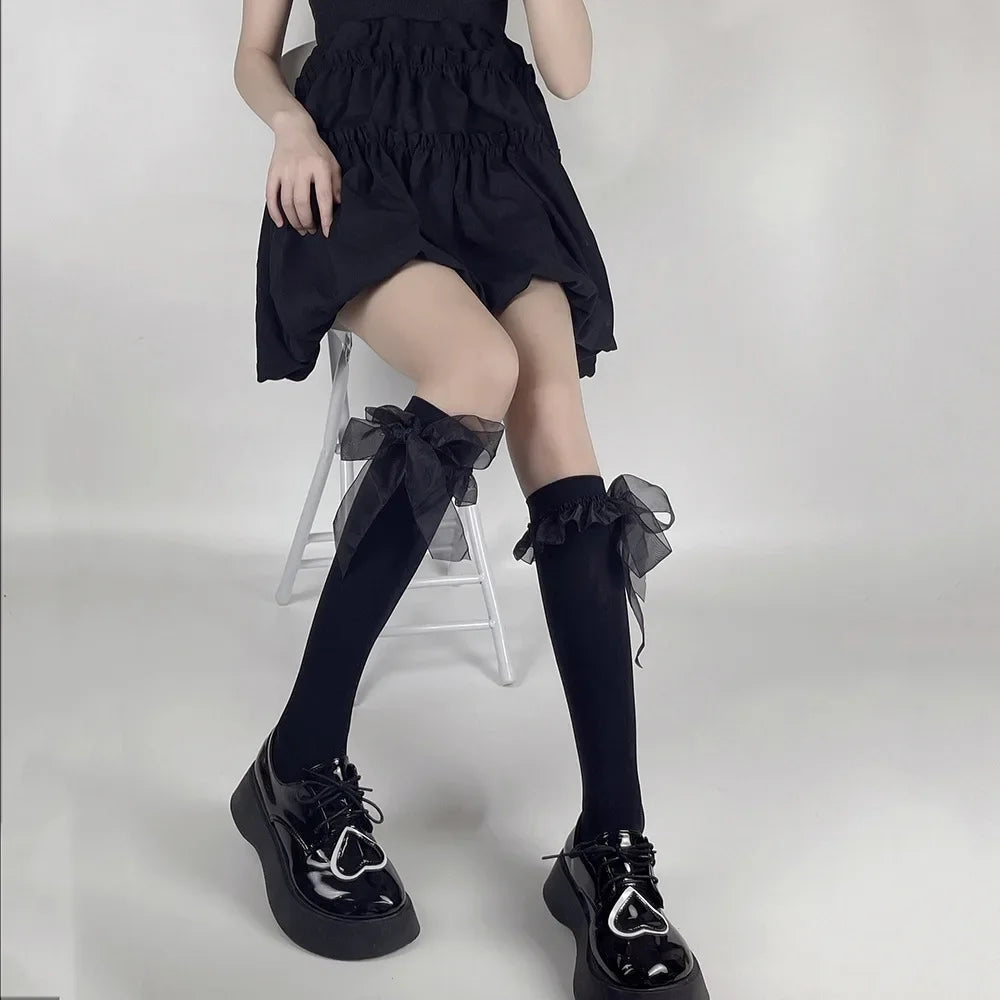 Kawaii Cute Black Stockings with Bowknot & Ruffles for Women