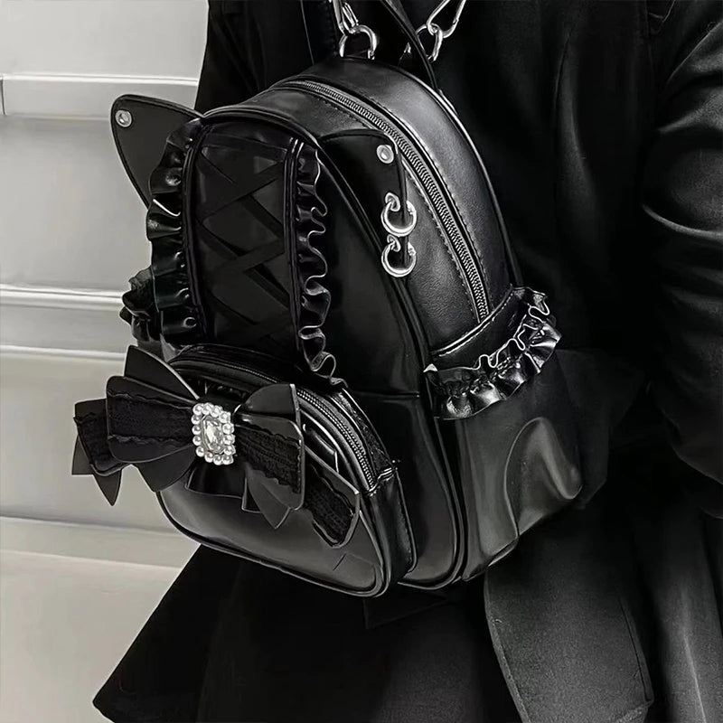 Mochila de piel sintética con orejas de gato y encaje | Elegante bolso de viaje