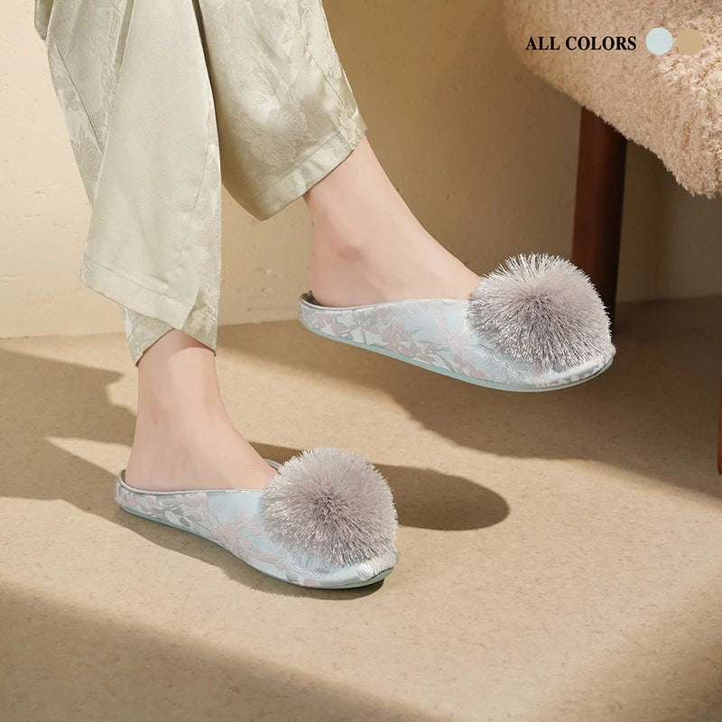 Ladies Indoor Cotton Slippers with Pom Poms | Stylish Comfort