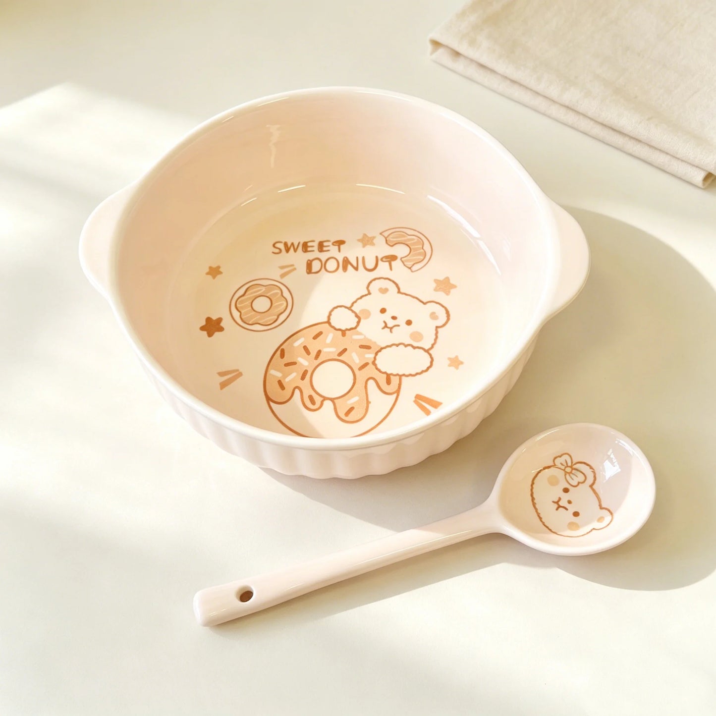 Cute Cartoon Bear Rabbit Ceramic Bowl with Spoon | Microwave & Dishwasher Safe