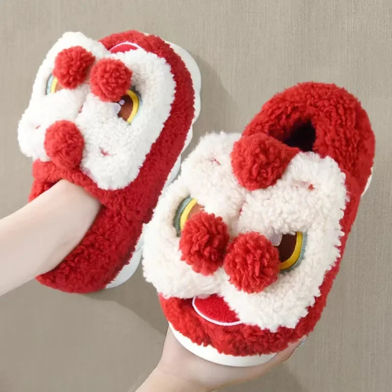 Cute Lion Dance Plush Slippers | Cozy Warm Winter Slides