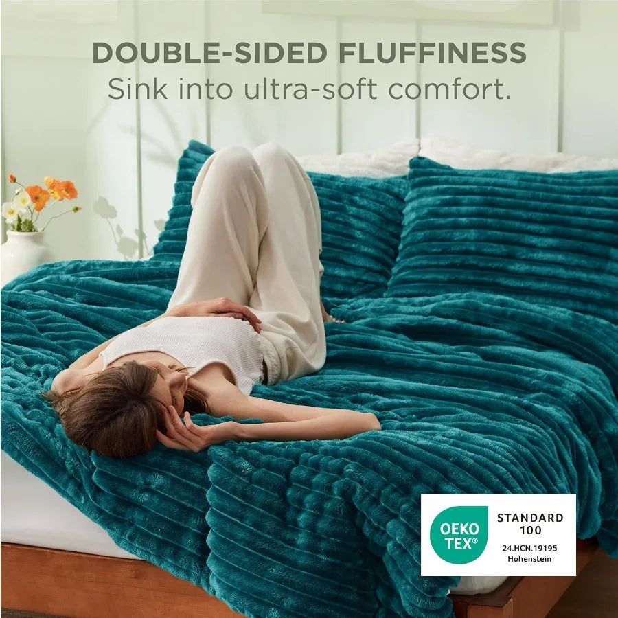 King Size Fluffy Teal Comforter Set | Plush Faux Fur Bedding