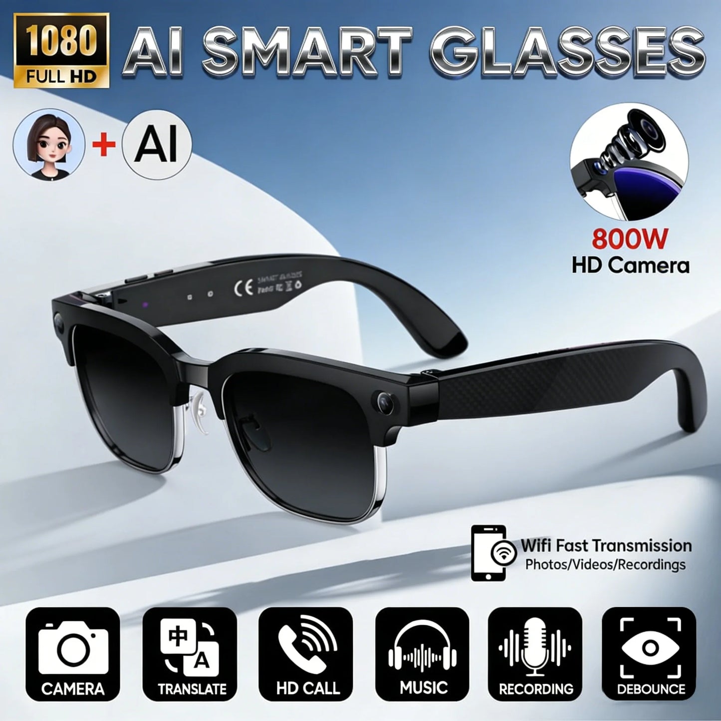 AI Smart Glasses with 800W Camera & Multilingual Translation