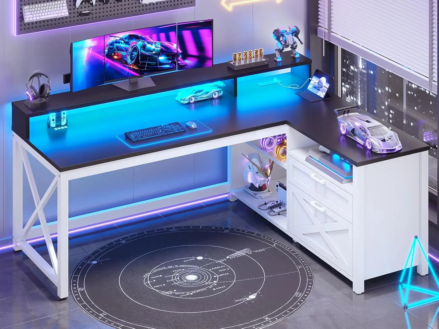 Versatile L Shaped Game Table with Drawers & LED Lights