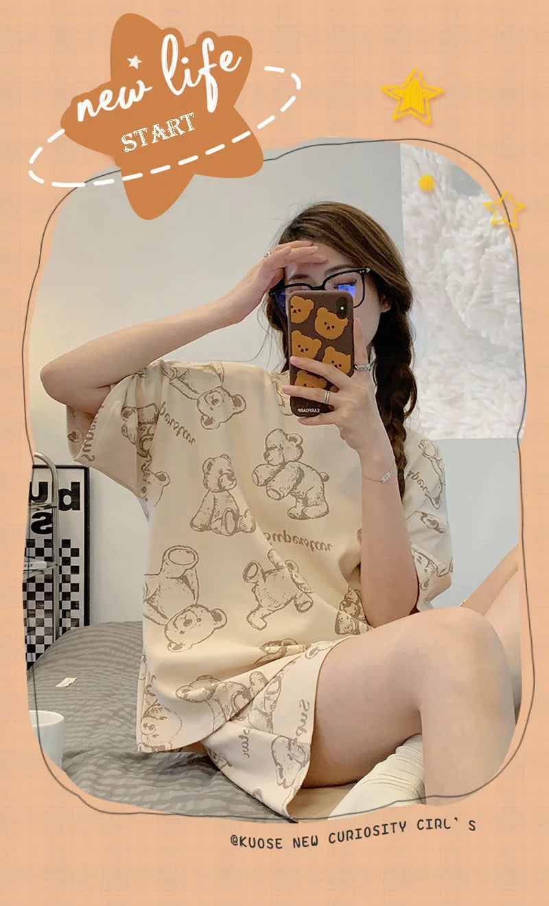 Plus Size Short Sleeve Pajamas for Women | Cute Cartoon Bear Design