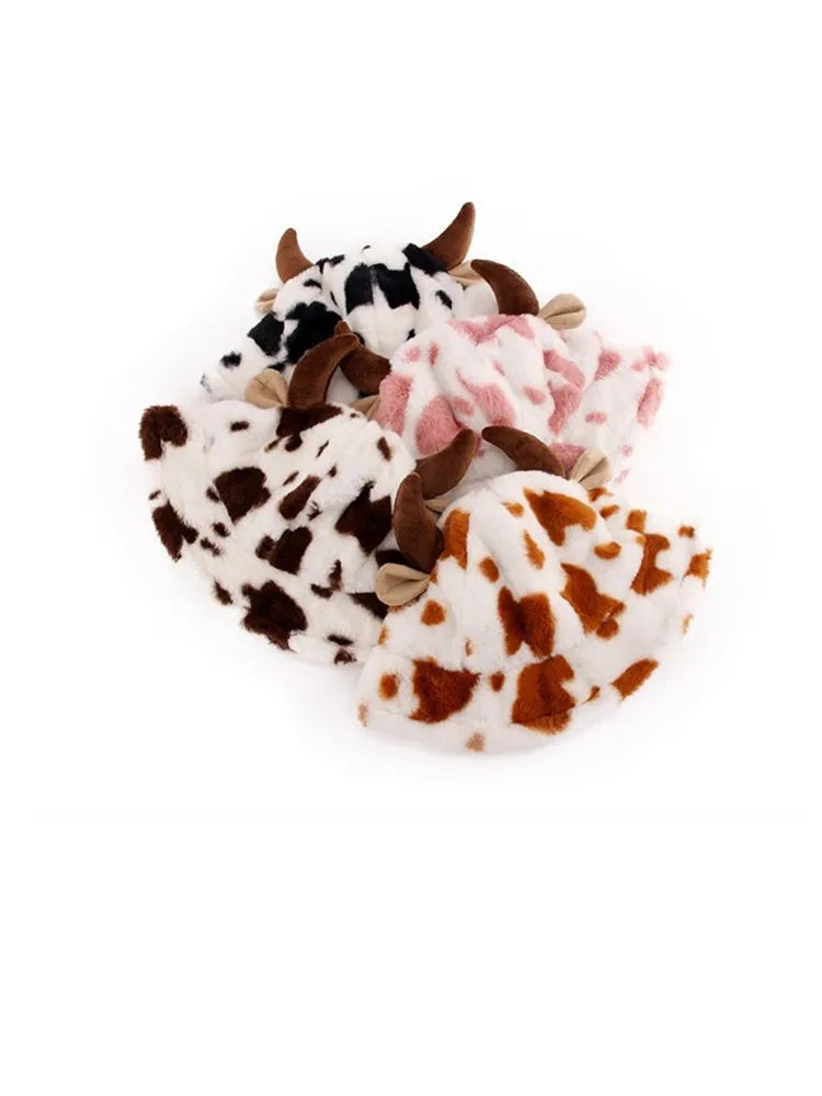 Women's Cow Print Fisherman Hat | Warm Fleece-Lined Bucket Hat