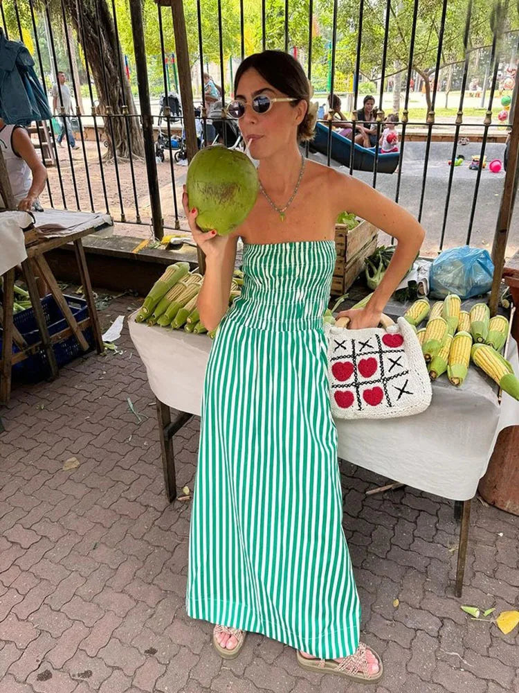 Elegant Green Striped Off Shoulder Maxi Dress for Women