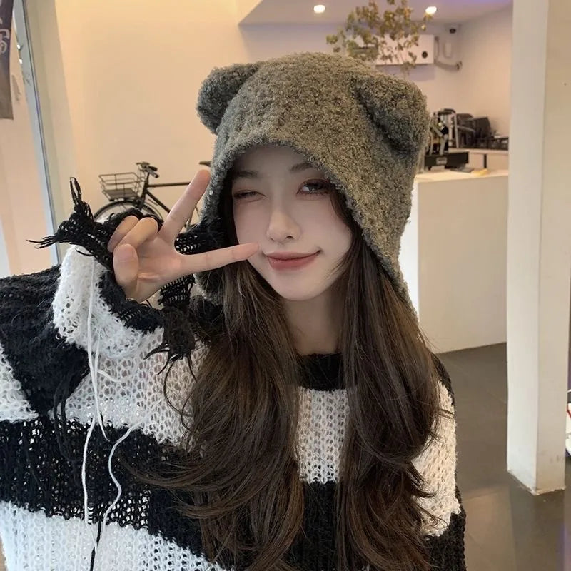 Women's Cute Bear Ear Plush Beanie | Cozy Winter Bomber Hat