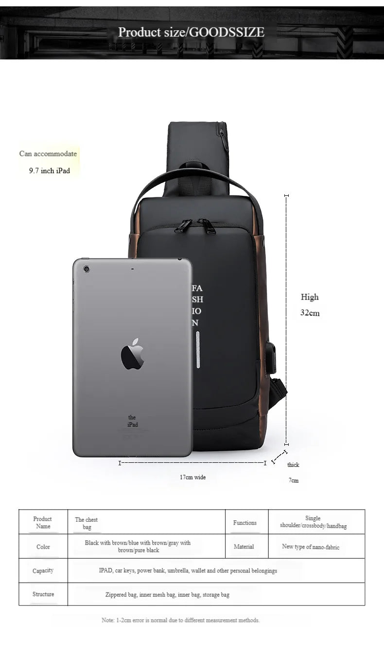 Men's Anti-Theft Chest Bag with USB Port | Waterproof Crossbody Sling