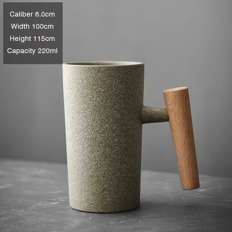 Handmade Stoneware Coffee Cup with Wooden Handle | Vintage Style Mug