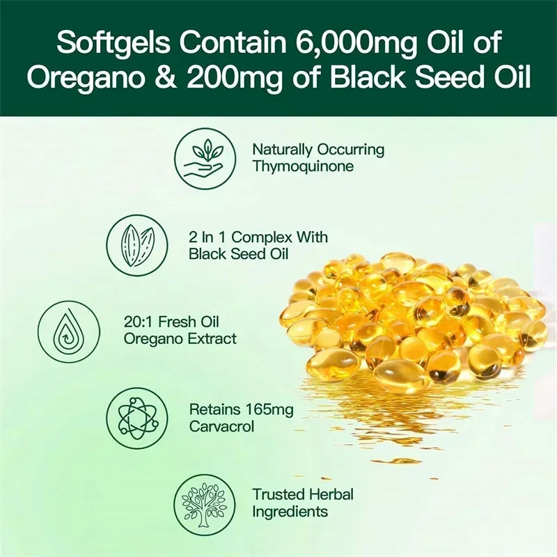 Oregano Oil Softgels with Black Seed Oil | Immune Booster & Digestive Aid