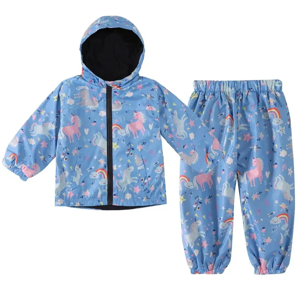 Conjunto infantil de chubasquero y pantalones impermeables con diseño de dinosaurio y unicornio