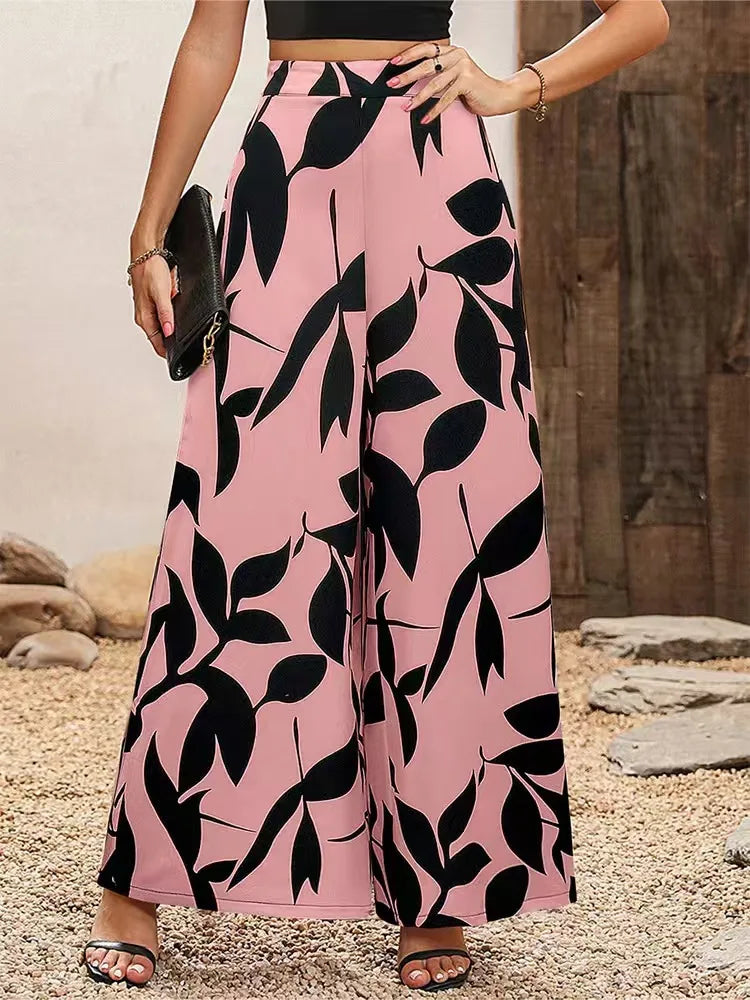 Women's Leaf Print Wide-Legged Casual Pants | Stylish Loose Fit Trousers
