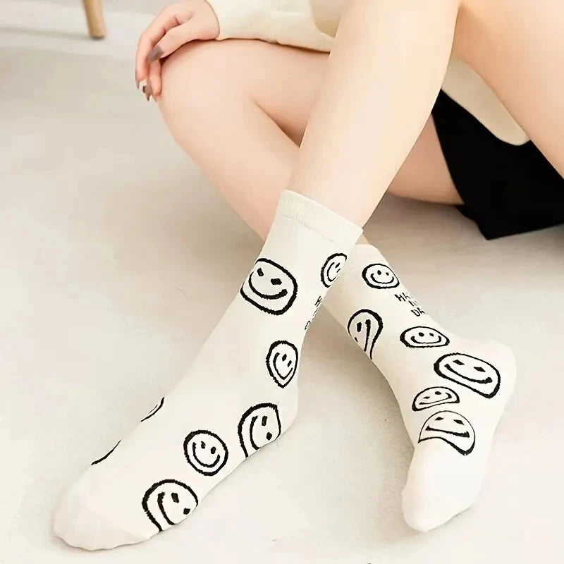 Happy Face Crew Socks - Cute Cartoon Cat Mid Tube Socks for Women