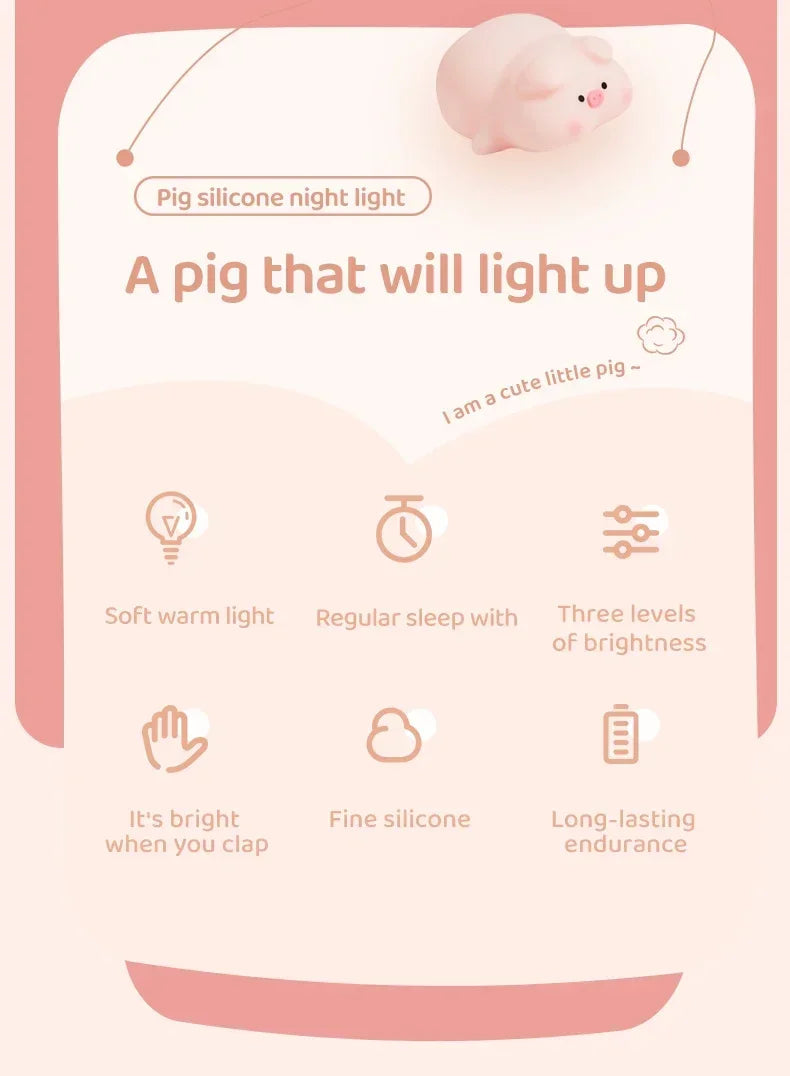 Cute Piggy Bunny Night Light | Soft Silicone Lamp for Kids