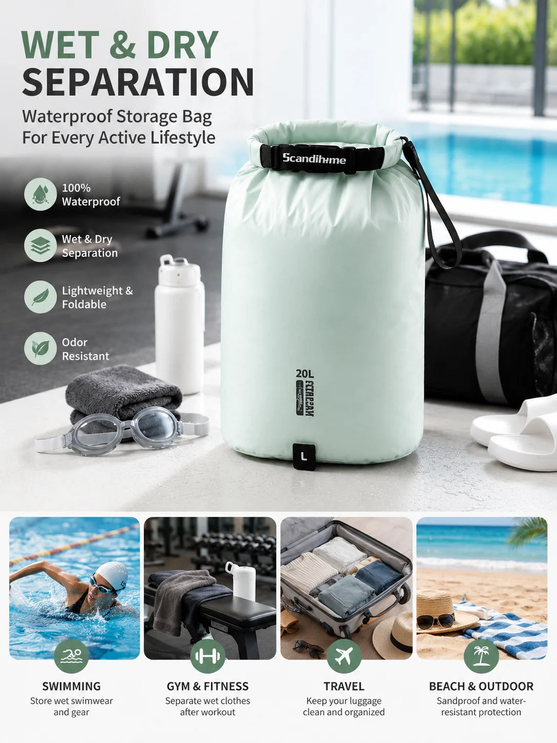 Waterproof Wet Clothes Bag Gym Swimming Travel Dry Bag Foldable Leakproof Wet Dry Separation Storage Bag for Fitness Beach