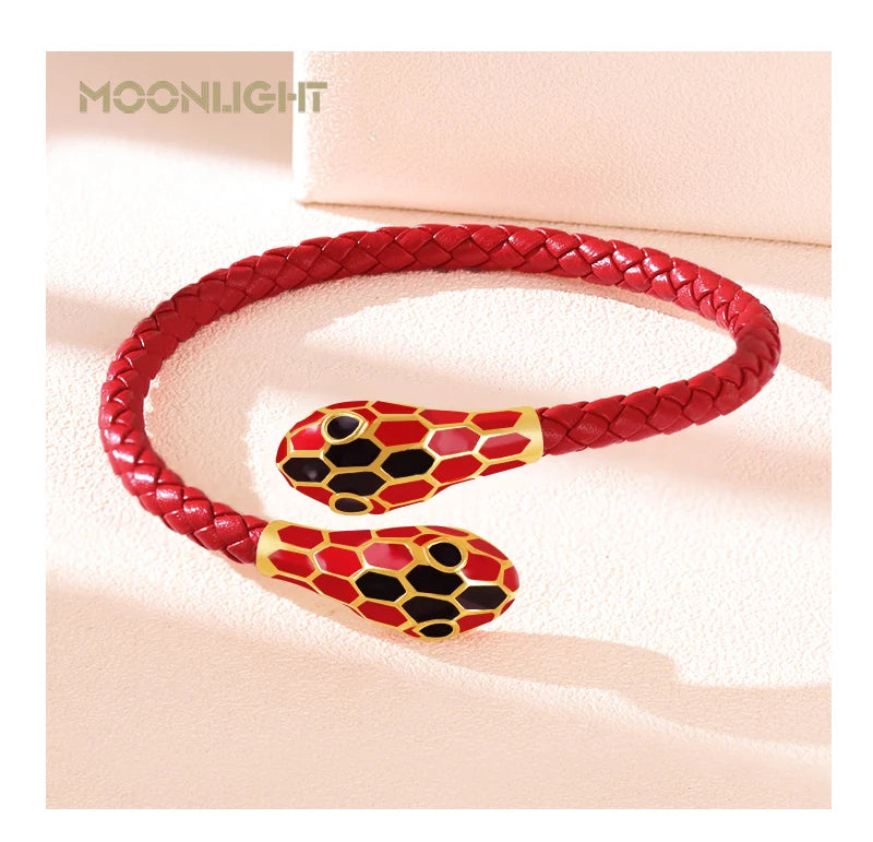 MOONLIGHT Classic Style Double Snake Head Cuff Bangles for Women Genuine Braided Leather Bracelets Female Fashion Jewelry Gifts