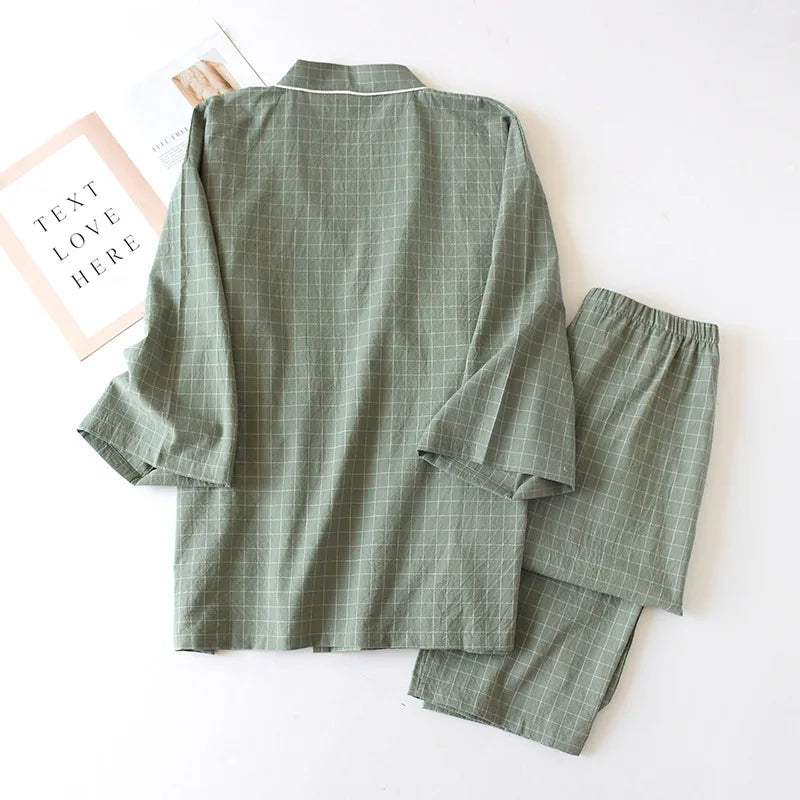 Spring Summer Japanese Pajama Sets Male 100% Cotton Spa Robe Sets Boxer High Quality Kimono Robes Men Plaid Home Hombre