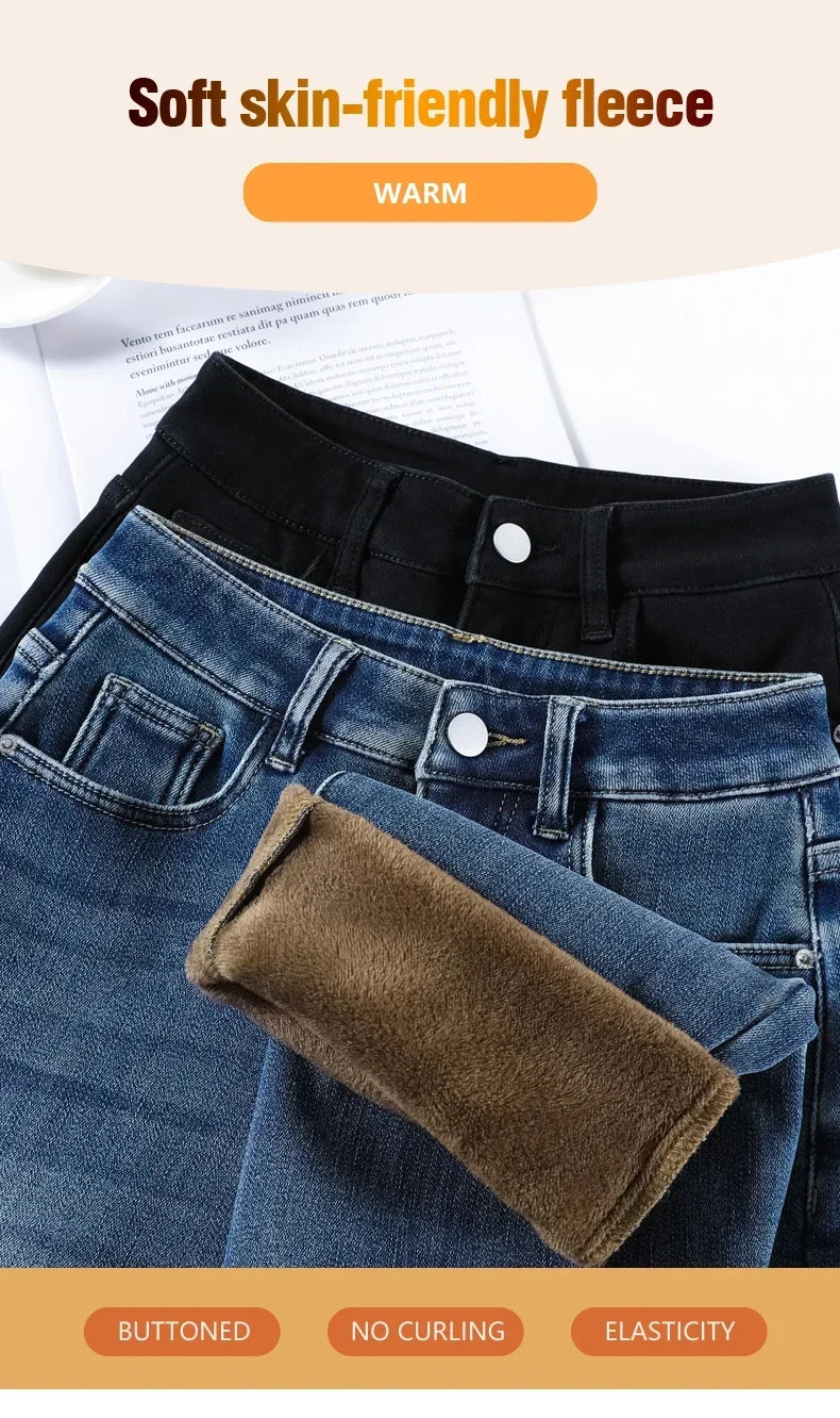 Women's Thickened Velvet Straight Jeans | Warm Fleece Pants