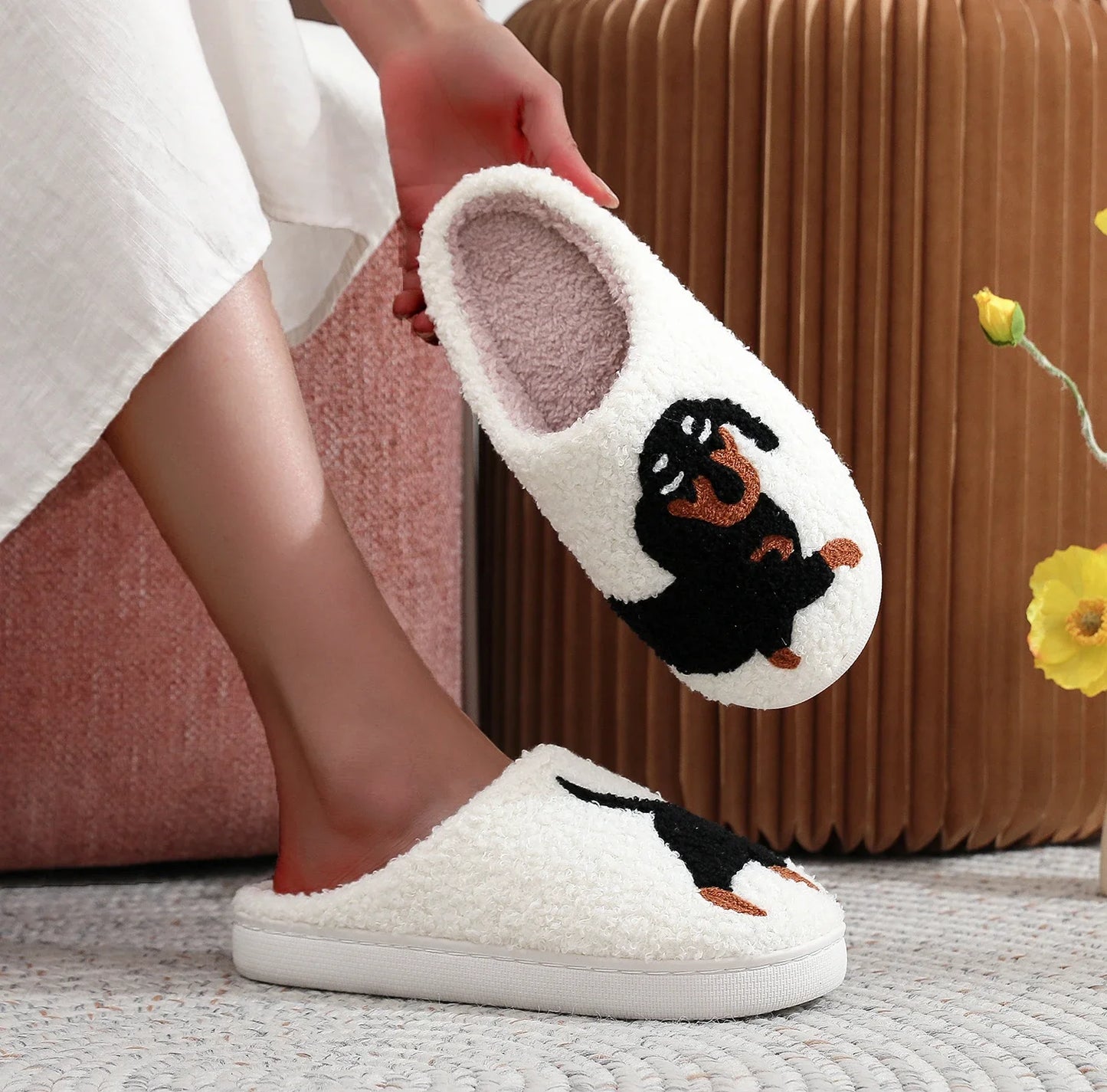 Dachshund Embroidered Plush Slippers | Cozy Winter Indoor Shoes