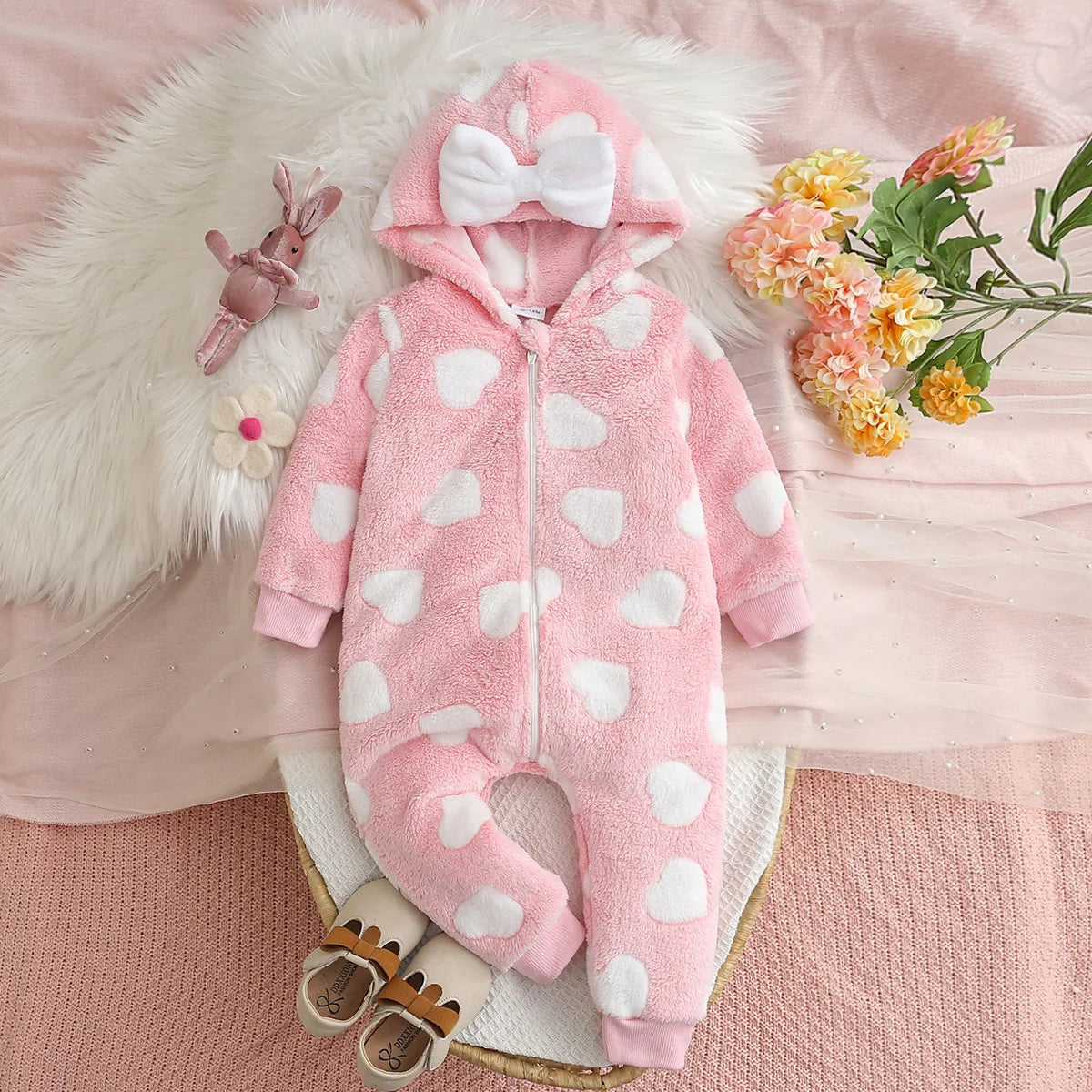 Girls Winter Plush Zipper Hooded Romper Suit | Soft and Cozy Baby Clothes