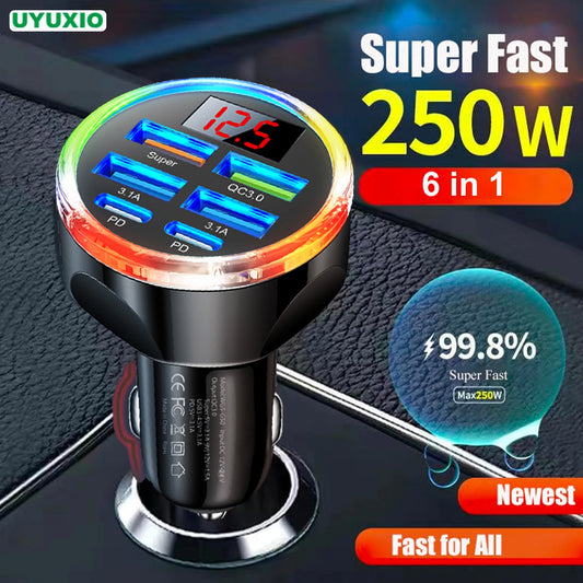 130W 6-in-1 Dual PD USB-C Car Charger Adapter | Fast Charging