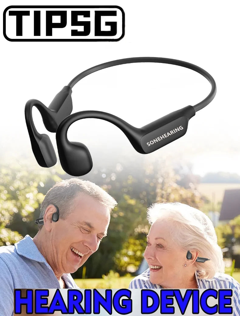 Hearing device with 'TIPSG' branding above a couple enjoying each other's company outdoors.