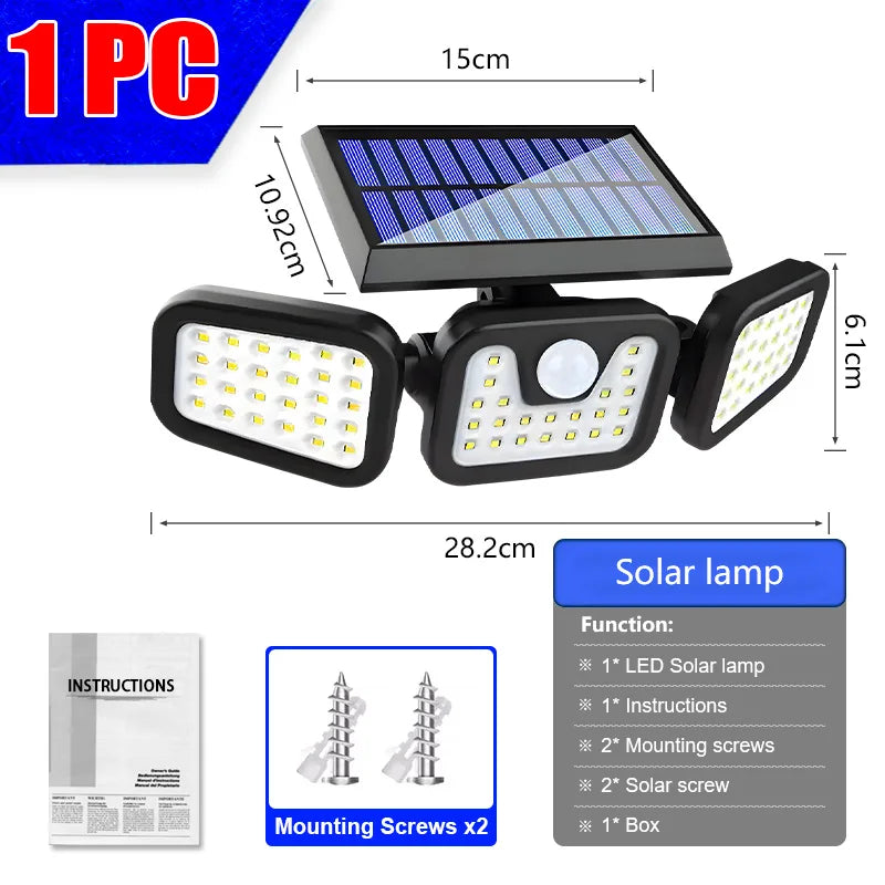 Luces solares ajustables de 3 cabezales | Lámparas de pared para exteriores con sensor de movimiento