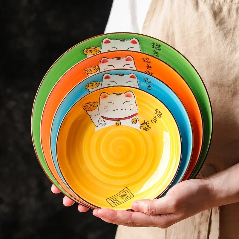 Multi-Color Cartoon Lucky Cat Round Ceramic Plate | Joyful Dining