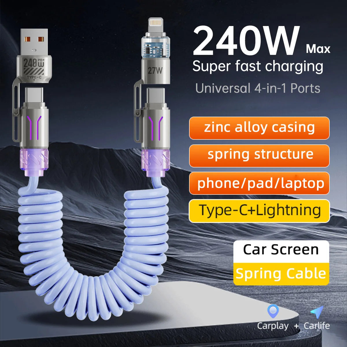 4-IN-1 RGB USB Type C Fast Charger & Data Cable - 1.8M