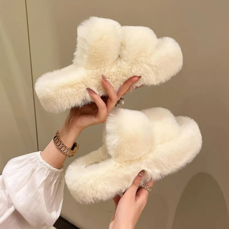Cozy Plush Fluffy Platform Fur Slippers for Women | Anti-Slip Warmth