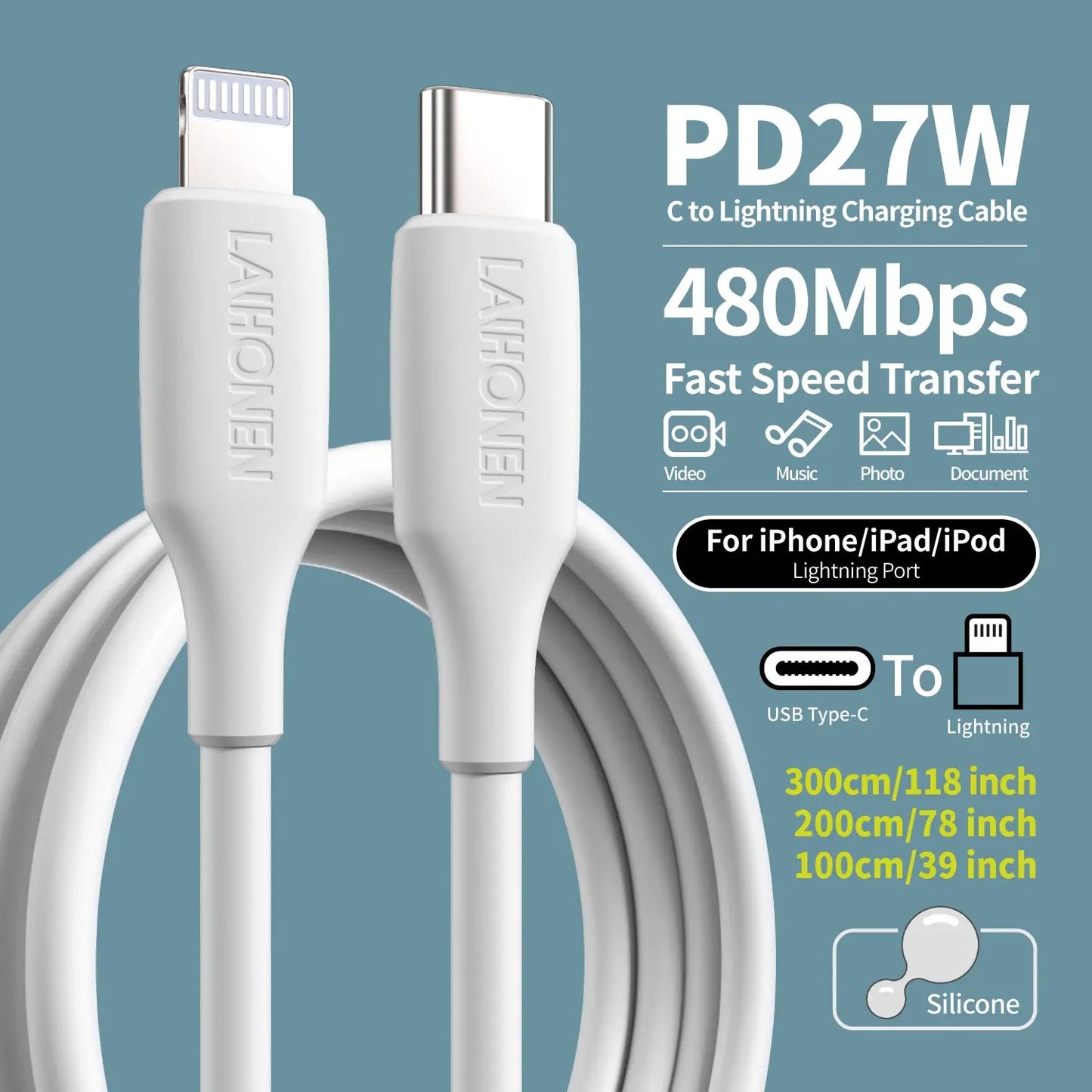 27W Fast Charging USB-C to Lightning Cable | Soft Silicone Pink Accessory