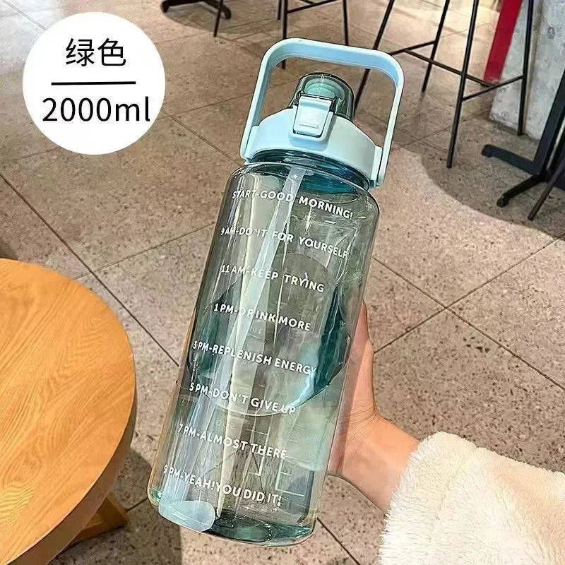 2L Large Capacity Sports Water Bottle with Straw & Time Marker