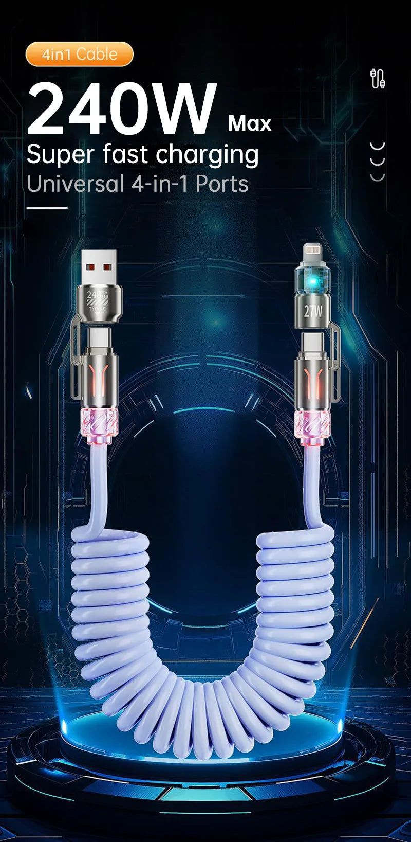 4-IN-1 RGB USB Type C Fast Charger & Data Cable - 1.8M