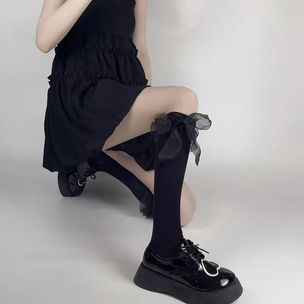 Kawaii Cute Black Stockings with Bowknot & Ruffles for Women