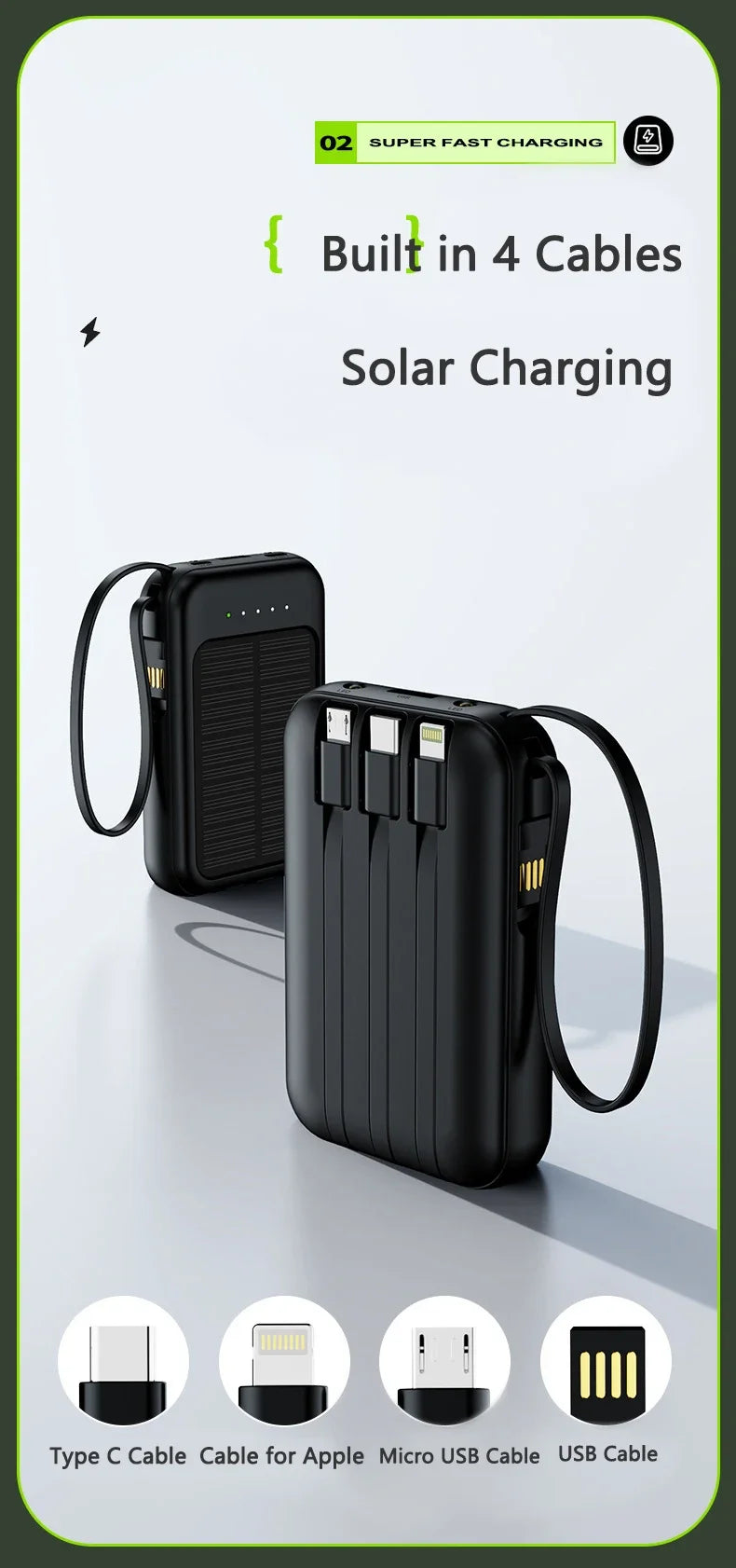 50000mAh Mini Solar Power Bank | Portable Charger with Cables