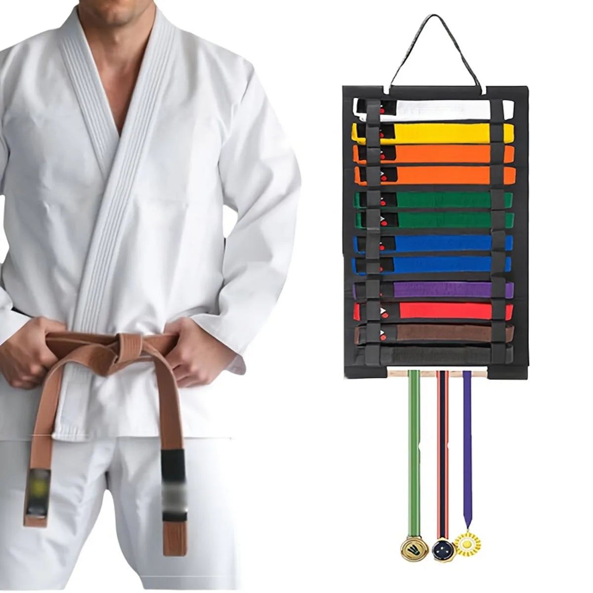 Portable Karate Belt Display Stand with Medal Sticks | Lightweight Rack