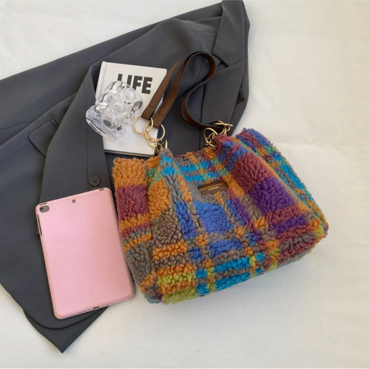 Red Plaid Lambswool Shoulder Bag | Large Capacity Tote for Women