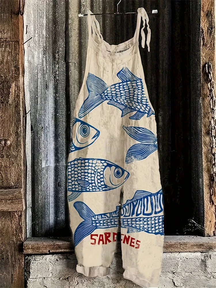Stylish Women's Fish Print Suspender Jumpsuit for Summer Fun