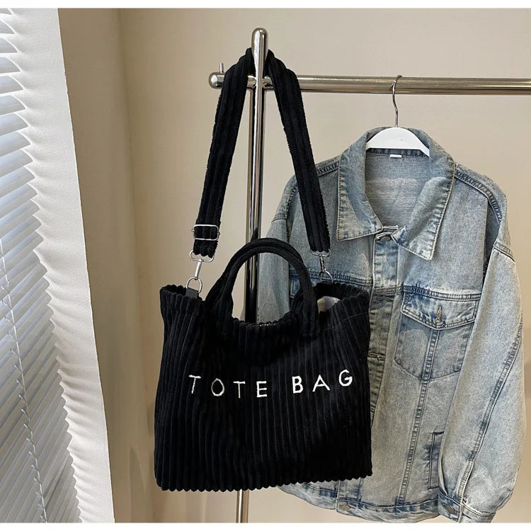 Bolso de mano de terciopelo a rayas de gran capacidad | Bolso tote elegante y versátil