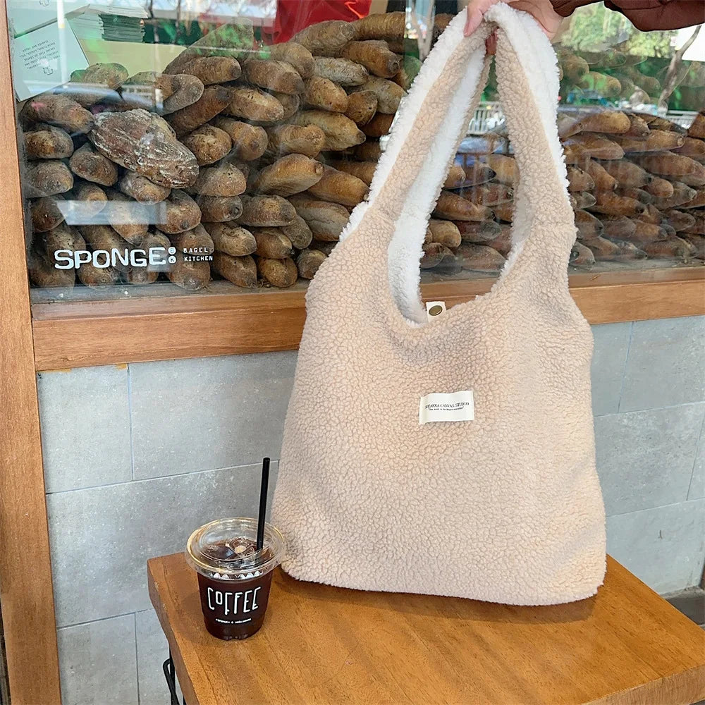 Reversible Plush Shoulder Bag for Women | Warm Fabric Tote