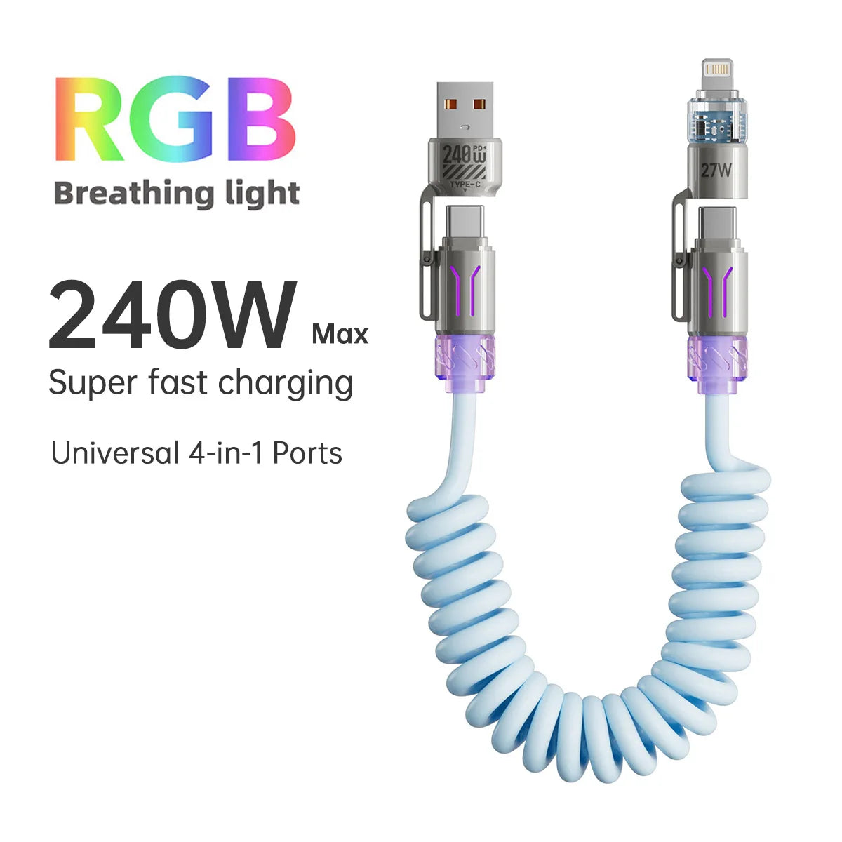 4-IN-1 RGB USB Type C Fast Charger & Data Cable - 1.8M