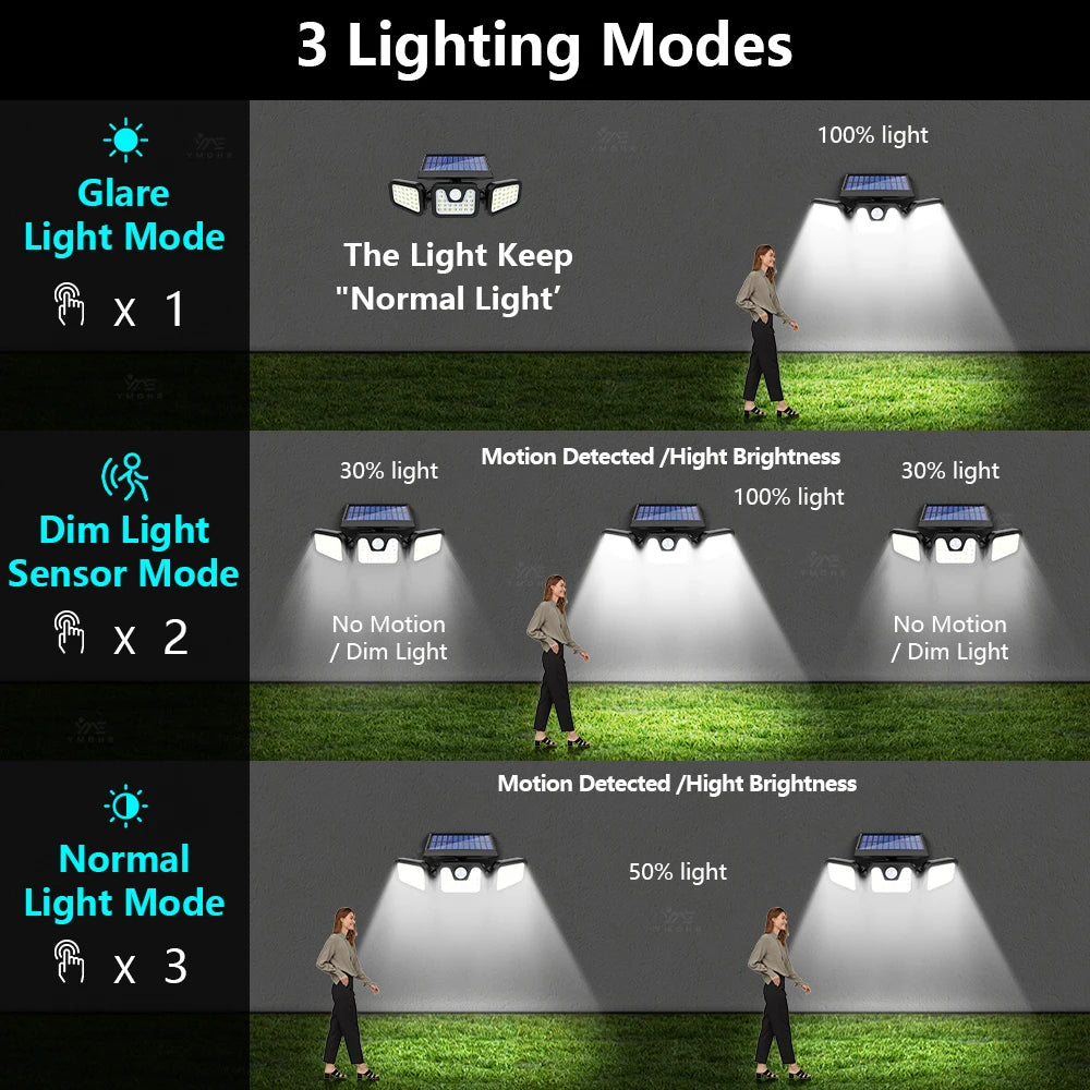Luces solares ajustables de 3 cabezales | Lámparas de pared para exteriores con sensor de movimiento