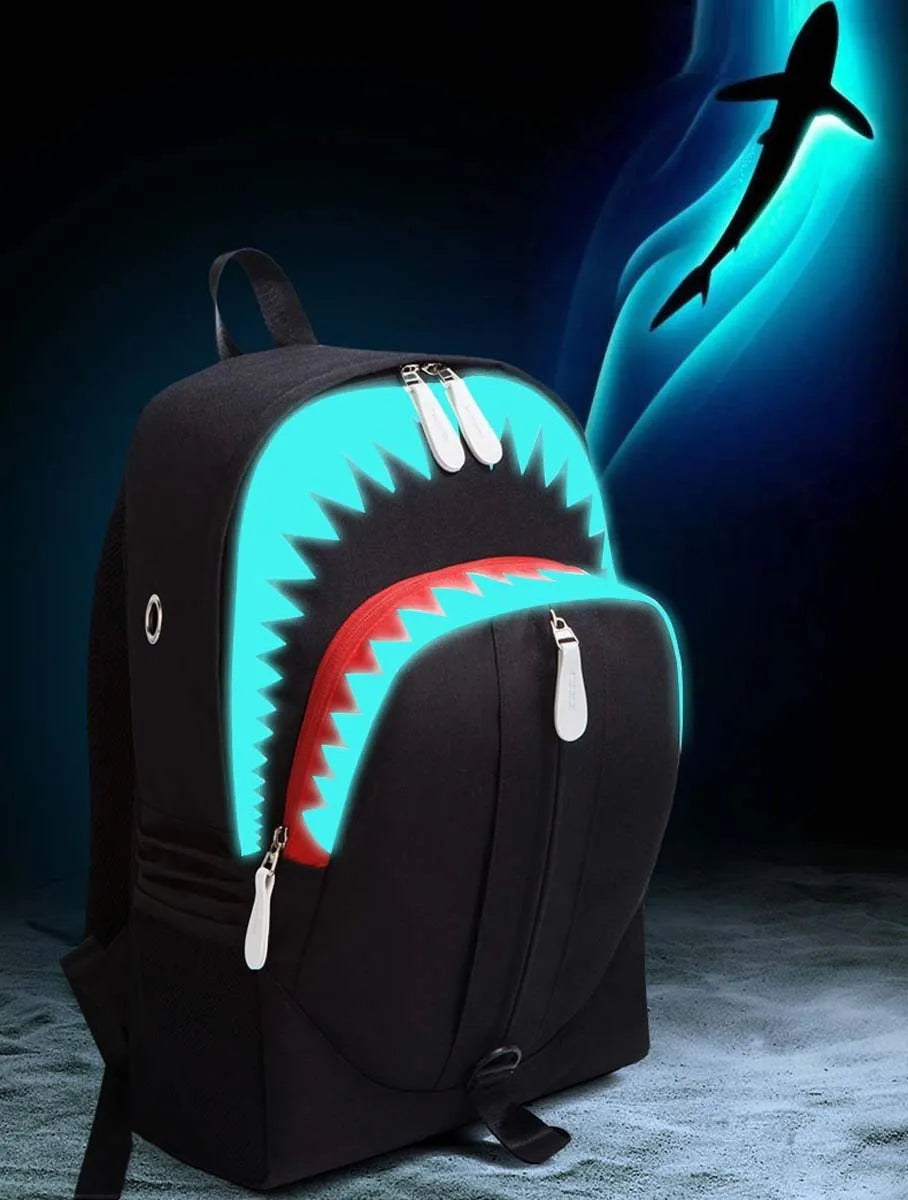 Luminous Shark Mouth Backpack | USB Laptop Travel Bag for Teens