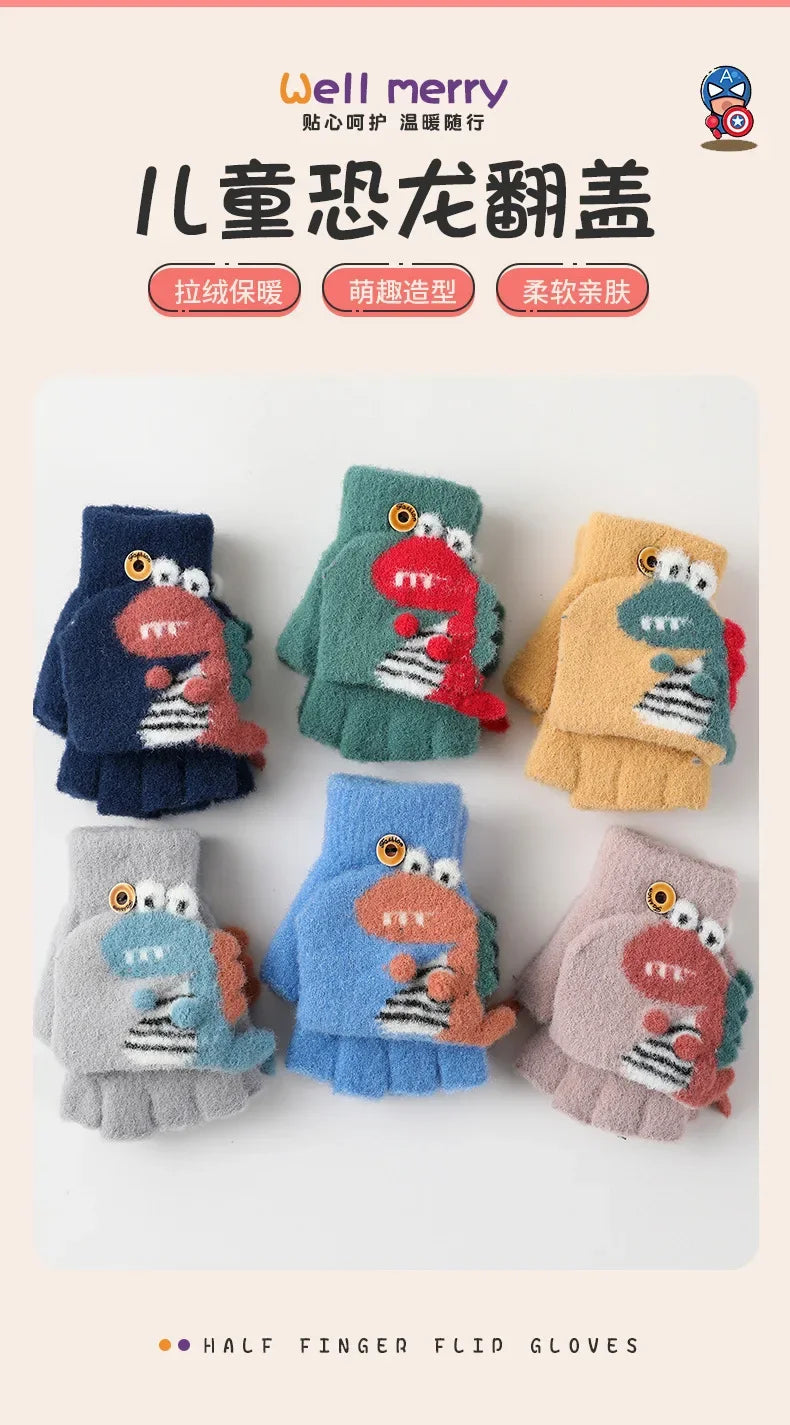 Kawaii Cartoon Dino Kids Half Finger Gloves | Winter Warmth for Fun