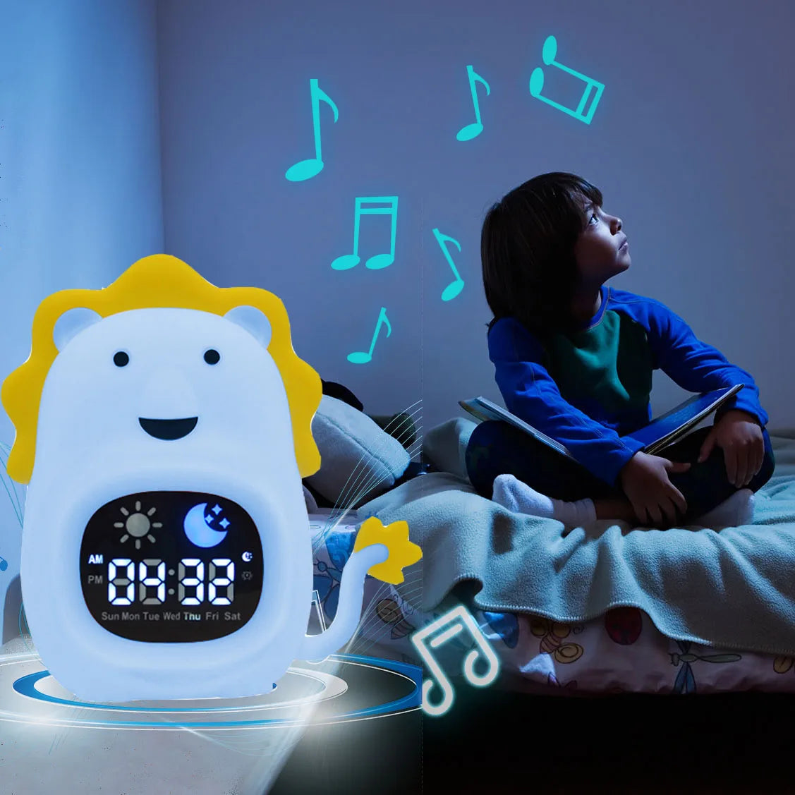 LED Night Light Alarm Clock for Kids | Musical Cat Design