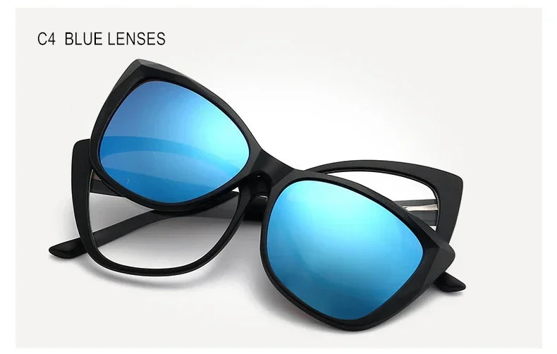 Stylish Cat Eye Prescription Glasses with Clip-On Sunglasses